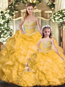 Simple Gold Sweetheart Neckline Beading and Ruffles 15 Quinceanera Dress Sleeveless Lace Up