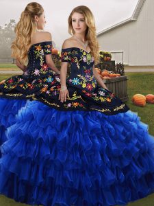 Deluxe Organza Off The Shoulder Sleeveless Lace Up Embroidery and Ruffled Layers Sweet 16 Dresses in Blue And Black