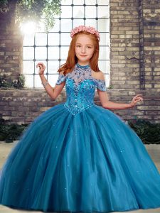 Floor Length Blue Kids Pageant Dress Tulle Sleeveless Beading