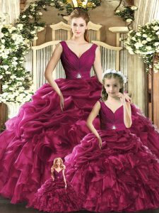 Gorgeous V-neck Sleeveless Sweet 16 Dress Floor Length Ruffles Burgundy Organza