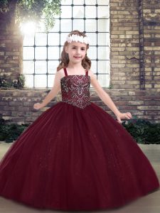 Unique Floor Length Lace Up Little Girls Pageant Dress Wholesale Burgundy for Party and Sweet 16 and Wedding Party with Beading