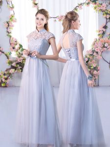 Glittering Grey Cap Sleeves Lace Floor Length Vestidos de Damas