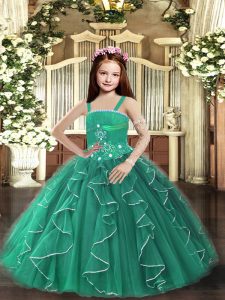 Dark Green Kids Pageant Dress Party and Sweet 16 and Wedding Party with Beading and Ruffles Straps Sleeveless Lace Up