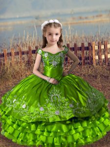 Trendy Ball Gowns Little Girls Pageant Dress Off The Shoulder Satin and Organza Sleeveless Floor Length Lace Up