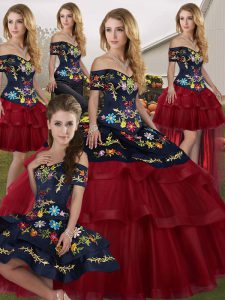 Off The Shoulder Sleeveless Brush Train Lace Up Quinceanera Dress Wine Red Tulle