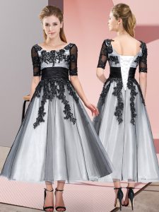 Grey Short Sleeves Tea Length Beading and Lace Lace Up Court Dresses for Sweet 16