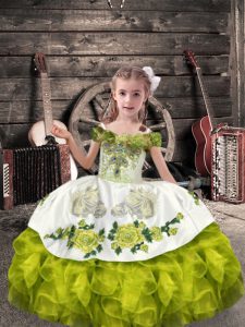 Hot Sale Olive Green Sleeveless Beading and Embroidery and Ruffles Floor Length Little Girl Pageant Dress
