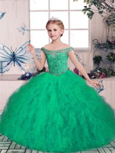 Green Ball Gowns Off The Shoulder Sleeveless Tulle Floor Length Lace Up Beading Pageant Dress Wholesale