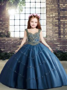 Blue Sleeveless Beading Floor Length Kids Pageant Dress