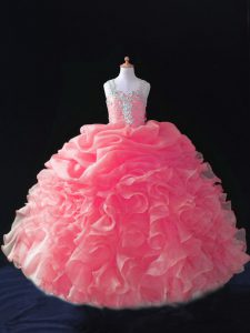 Organza Straps Sleeveless Zipper Beading and Ruffles and Pick Ups Little Girls Pageant Dress Wholesale in Coral Red