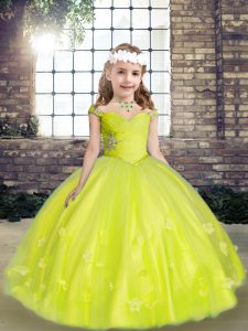 Tulle Straps Sleeveless Lace Up Beading and Hand Made Flower Kids Pageant Dress in Yellow Green