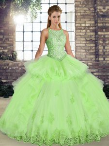 Yellow Green Tulle Lace Up Scoop Sleeveless Floor Length 15th Birthday Dress Lace and Embroidery and Ruffles