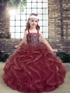 Burgundy Sleeveless Floor Length Beading and Ruffles Lace Up Little Girl Pageant Gowns