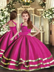 Floor Length Ball Gowns Sleeveless Fuchsia Kids Pageant Dress Lace Up