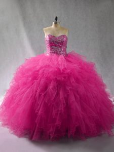 Sleeveless Tulle Floor Length Lace Up Quinceanera Gown in Fuchsia with Beading and Ruffles