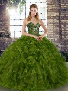 Olive Green Ball Gowns Sweetheart Sleeveless Organza Floor Length Lace Up Beading and Ruffles Sweet 16 Quinceanera Dress