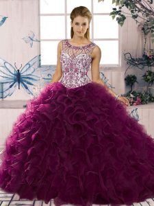 Sleeveless Floor Length Beading and Ruffles Lace Up 15 Quinceanera Dress with Dark Purple