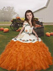 Floor Length Orange Little Girls Pageant Dress Wholesale Straps Sleeveless Lace Up