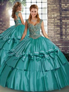 Super Beading and Ruffled Layers Ball Gown Prom Dress Teal Lace Up Sleeveless Floor Length