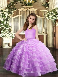 Modern Sleeveless Organza Floor Length Lace Up Child Pageant Dress in Lavender with Ruffled Layers