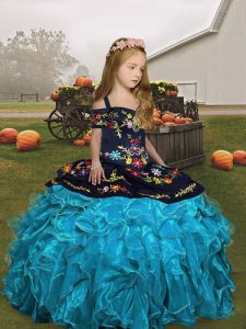 Aqua Blue Ball Gowns Straps Sleeveless Organza Floor Length Lace Up Embroidery and Ruffles Child Pageant Dress