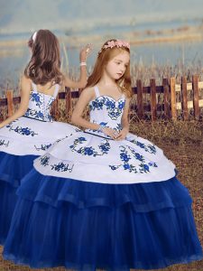 Fashion Blue Ball Gowns Tulle Straps Sleeveless Embroidery Floor Length Lace Up Girls Pageant Dresses