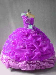 Popular Purple Sleeveless Pick Ups and Hand Made Flower Floor Length Sweet 16 Dress