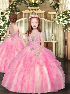Floor Length Lace Up Pageant Dress for Girls Baby Pink for Party and Wedding Party with Beading and Ruffles