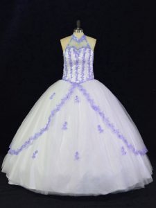 Shining White And Purple Ball Gowns Halter Top Sleeveless Tulle Floor Length Lace Up Appliques Sweet 16 Dress