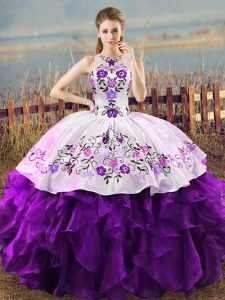 Halter Top Sleeveless Organza Sweet 16 Dress Embroidery and Ruffles Lace Up