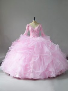 Pink Long Sleeves Floor Length Lace and Ruffles Lace Up Sweet 16 Dresses