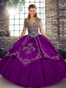 Romantic Tulle Straps Sleeveless Lace Up Beading and Embroidery Ball Gown Prom Dress in Purple