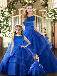 Simple Floor Length Lace Up Ball Gown Prom Dress Royal Blue for Military Ball and Sweet 16 and Quinceanera with Ruffled Layers
