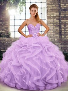 Deluxe Tulle Sweetheart Sleeveless Lace Up Beading and Ruffles Quinceanera Dress in Lavender