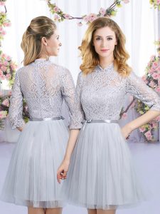 Eye-catching Half Sleeves Tulle Mini Length Zipper Dama Dress in Grey with Lace and Belt
