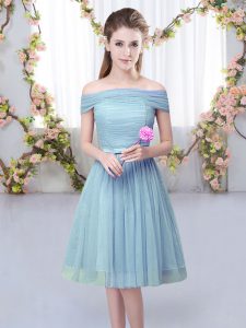 Wonderful Tulle Off The Shoulder Short Sleeves Lace Up Belt Dama Dress in Blue