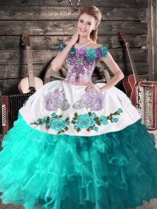 Sweet Embroidery Quinceanera Gowns Turquoise Lace Up Sleeveless Floor Length