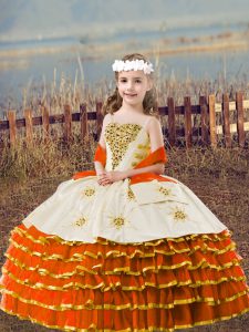 Floor Length Orange Red Little Girl Pageant Dress Organza Sleeveless Beading and Embroidery and Ruffled Layers