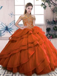 Trendy Ball Gowns Quinceanera Dresses Orange High-neck Organza Sleeveless Floor Length Lace Up