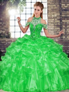 Green Ball Gowns Halter Top Sleeveless Organza Floor Length Lace Up Beading and Ruffles Sweet 16 Quinceanera Dress
