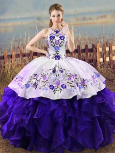 Halter Top Sleeveless Sweet 16 Quinceanera Dress Floor Length Embroidery and Ruffles White And Purple Organza