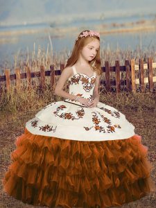 Super Brown Column/Sheath Ruffled Layers Pageant Gowns For Girls Lace Up Organza Sleeveless Floor Length