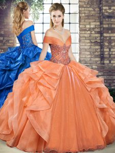 Orange Organza Lace Up Off The Shoulder Sleeveless Floor Length Quinceanera Dresses Beading and Ruffles