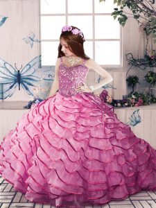 Sleeveless Court Train Beading and Ruffled Layers Lace Up Child Pageant Dress