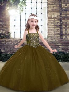 Sleeveless Tulle Floor Length Lace Up Glitz Pageant Dress in Brown with Beading