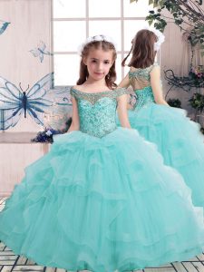 Floor Length Ball Gowns Sleeveless Aqua Blue Child Pageant Dress Lace Up