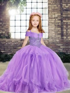 Lavender Straps Neckline Beading Little Girl Pageant Gowns Sleeveless Lace Up