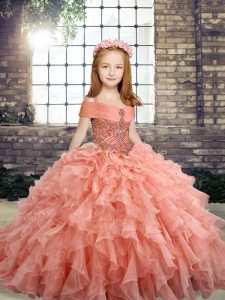 Peach Ball Gowns Organza Straps Sleeveless Beading and Ruffles Floor Length Lace Up Kids Formal Wear