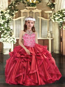 Popular Halter Top Sleeveless Pageant Gowns Floor Length Beading and Ruffles Red Organza