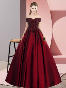 Wine Red Satin Zipper Off The Shoulder Sleeveless Floor Length Ball Gown Prom Dress Lace